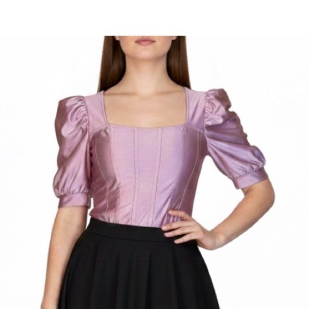 Y2K Pink Iridescent Satin Corset Bodysuit Puff Sleeve Square Neck Womens’s Large